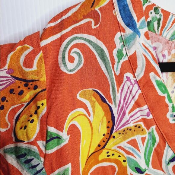 Rachel Rachel Roy Linen Floral Top 2X Popover Tiger Lily Flutter Sleeve V-neck - Picture 3 of 9